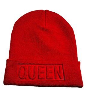 QUEEN Winter Knit Hat Cap Cuffed Beanie RED Embossed Raised Logo NWOT